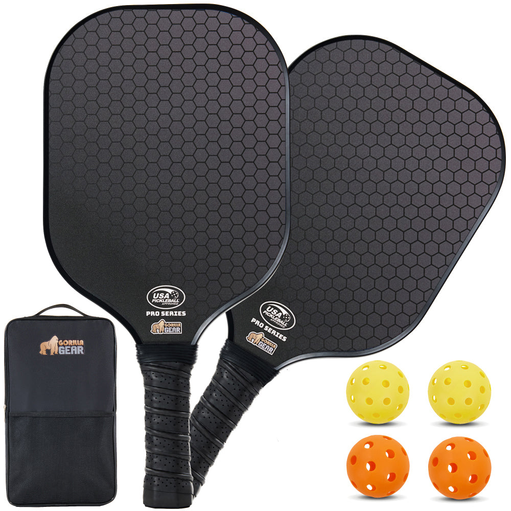 ball gear Gorilla Gear Pickleball Paddle Set of 4 with Pickleball Balls, Bag, Usapa Approved Fiberglass Racket, Black