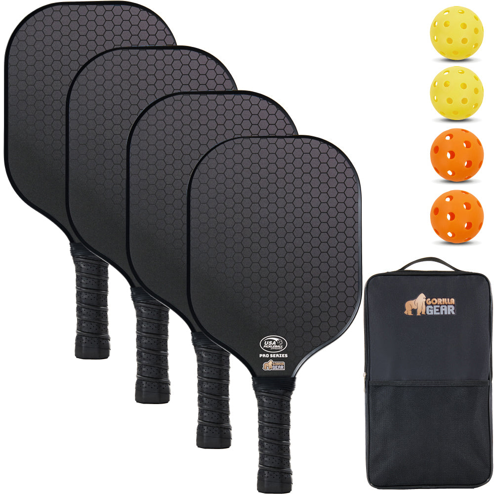 Gorilla Gear Pickleball Paddle Set of 4 with Pickleball Balls, Bag, Usapa Approved Fiberglass Racket, Black, Size: 4 Pack