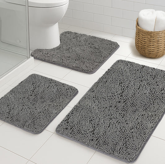 Set of 3 Chenille Bath Rug Gorilla Grip Gray 24" x 19.5" Oval + 24" x 17" + 30" x 20"