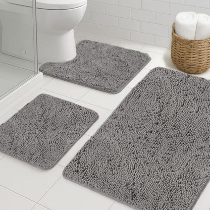 Set of 3 Chenille Bath Rug Gorilla Grip Gray 24" x 19.5" Oval + 24" x 17" + 30" x 20"