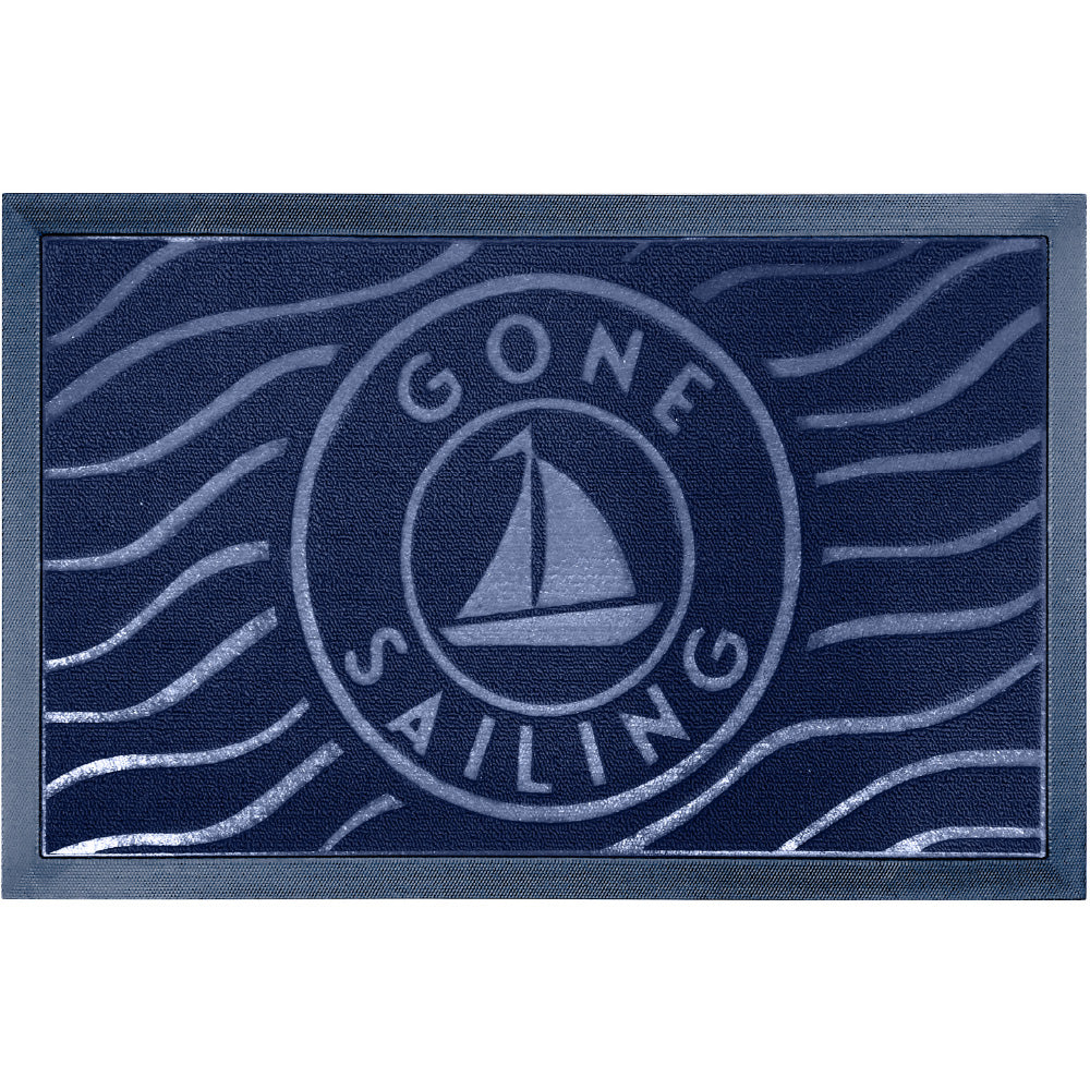 Gorilla Grip Weathermax Doormat Shown in Blue with the Phrase Gone Sailing