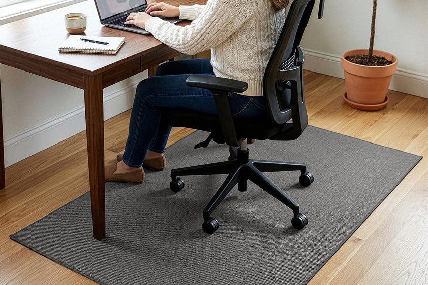 A gray rectangular desk mat on a light wood floor, with a person seated in a black office chair at a wooden desk using a laptop.