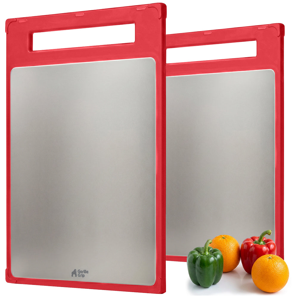 Stainless Steel Cutting Board Gorilla Grip Red Set of 2 (16x11+ 12x8)
