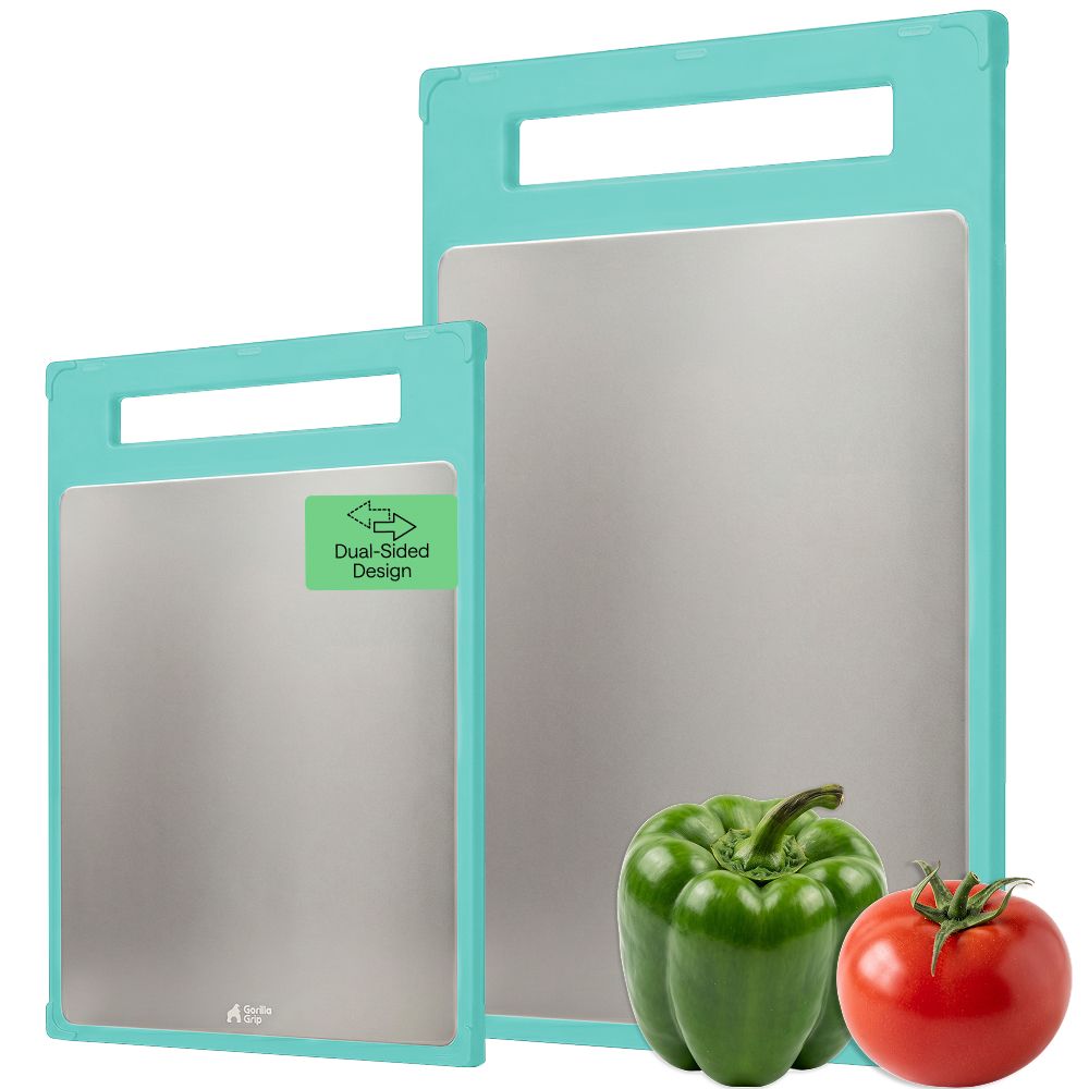 Stainless Steel Cutting Board Gorilla Grip Turquoise Set of 2 (16x11+ 12x8)