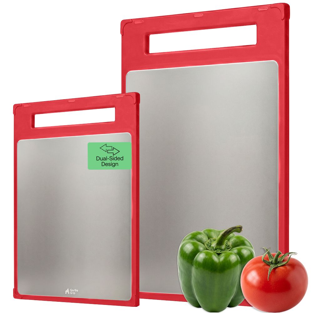 Stainless Steel Cutting Board Gorilla Grip Red Set of 2 (16x11+ 12x8)