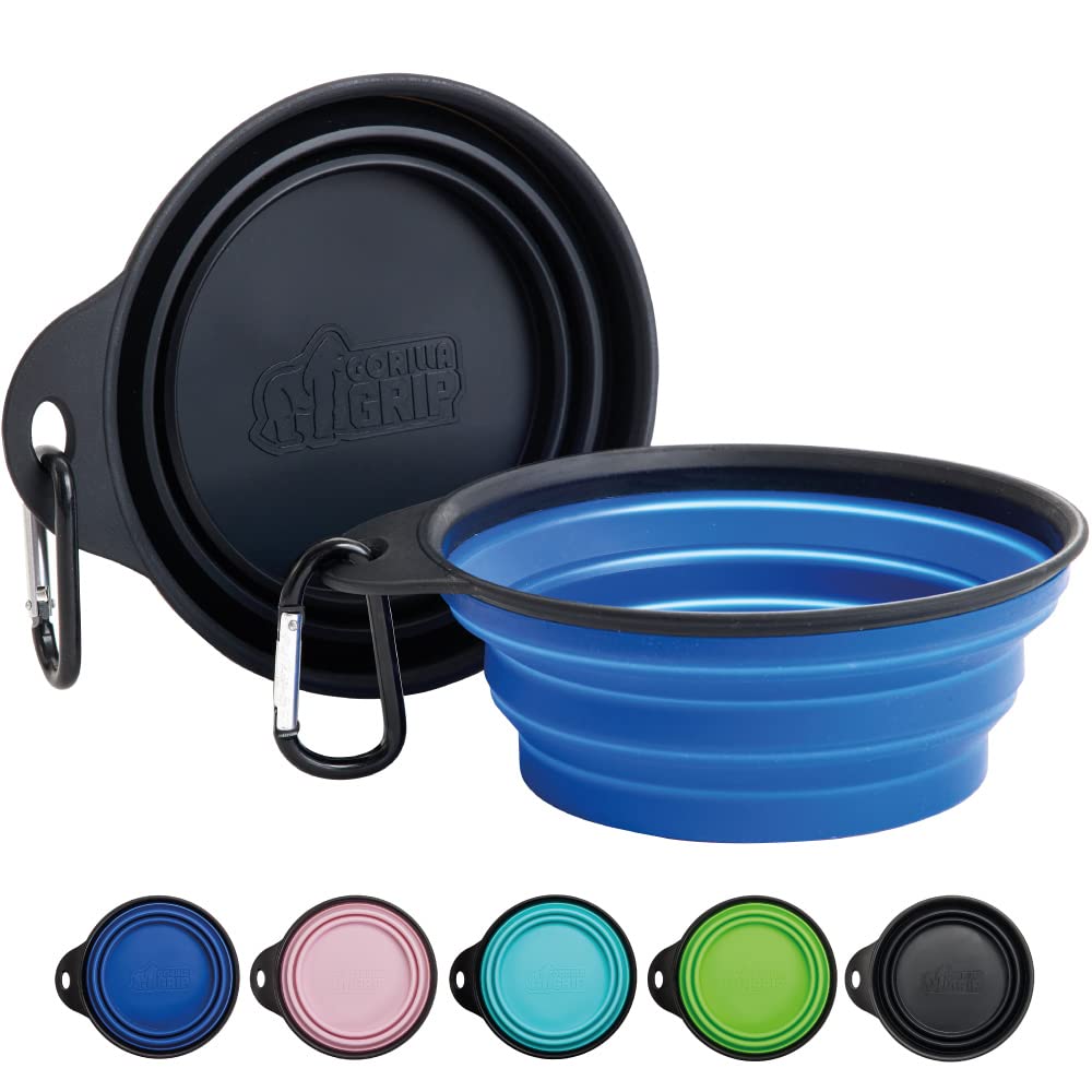 Gorilla Grip Collapsible Dog Bowl, Silicone Set of 2 Travel Bowls with  Carabiner, Foldable and Portable Accessories for Cat and Dogs, Small Pet  Hiking Supplies, Food and Water, 4 Cup, Black/Turquoise 