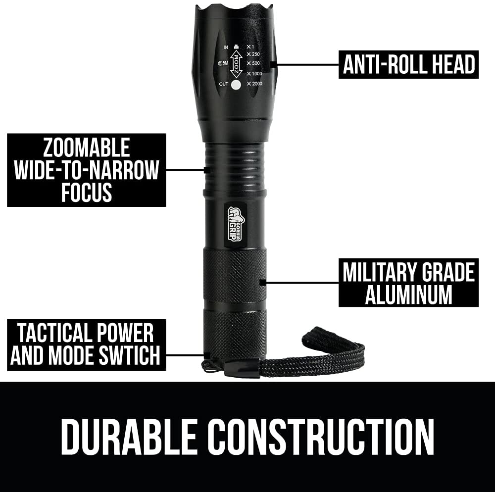 Gorilla Grip Powerful LED 750 FT Water Resistant 5 Adjustable Mode Tactical  Flashlight, High Lumens Ultra Bright Battery Zoom Flashlights, Small